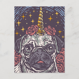 Postale Carte de vœux licorne pug d'anniversaire