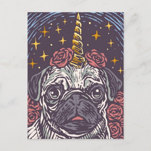 Postale Carte de vœux licorne pug d'anniversaire (Devant)