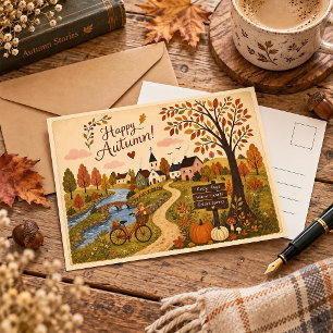 Postale Carte de vœux vintage d'automne de village de cott