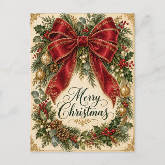 Postale Carte de vœux vintage Noël Couronne de ruban rouge