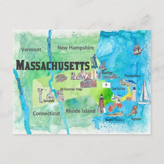 Postale Carte de voyage dans le Massachusetts (Devant)