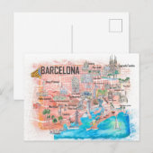 Postale Carte de voyage illustrée de Barcelone avec les ro (Devant / Derrière)