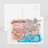 Postale Carte de voyage illustrée de Barcelone avec les ro (Devant / Derrière)