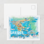 Postale Carte de voyage illustrée de la Grèce avec des mon (Devant / Derrière)