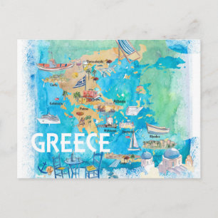 Postale Carte de voyage illustrée de la Grèce avec des mon