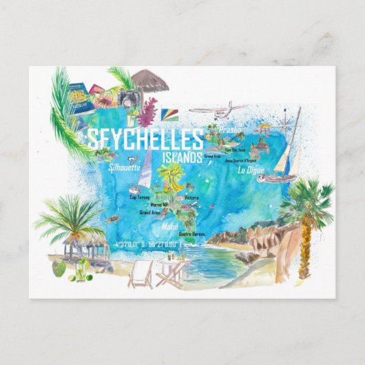 Postale Carte de voyage illustrée des îles Seychelles (Devant)