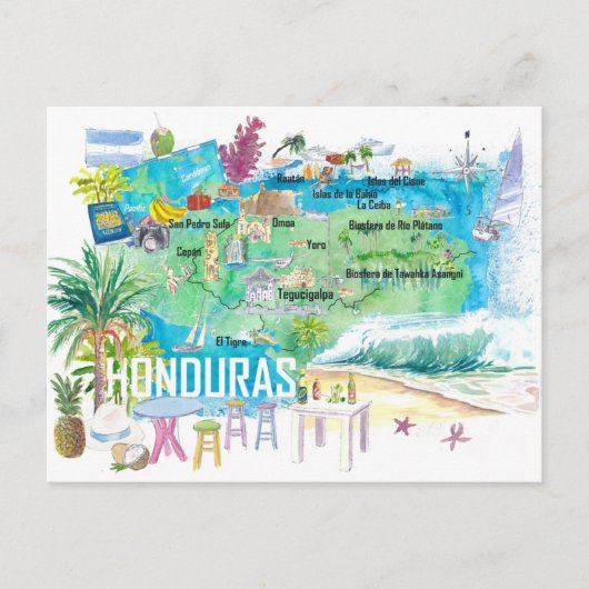 Postale Carte de voyage illustrée du Honduras avec routes (Devant)