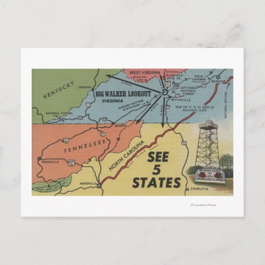 Postale Carte détaillée de 5 Etats - Big Walker Lookout, V (Devant)