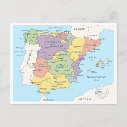 Postale Carte détaillée de l'Espagne (Devant)