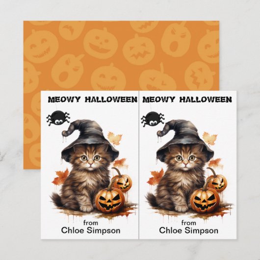 Postale Carte d'Halloween de sorcière Kitty Cat School (Devant / Derrière)