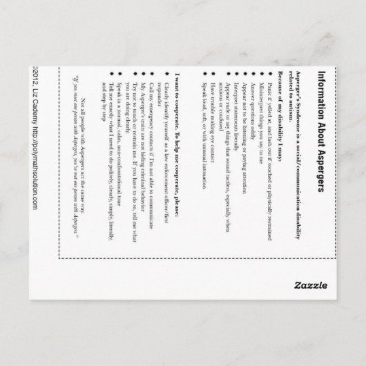 Postale Carte d'identité Asperger (Dos)