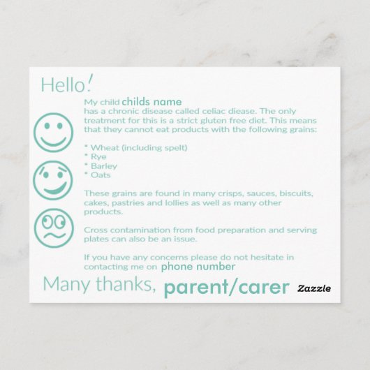 Postale Carte d'information Celiac (Dos)