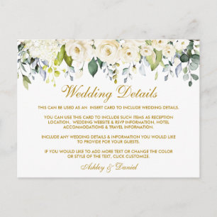 Postale Carte d'informations sur le Mariage Floral Blanc D