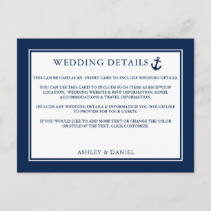 Postale Carte d'insertion de détails de mariage bleu ancre