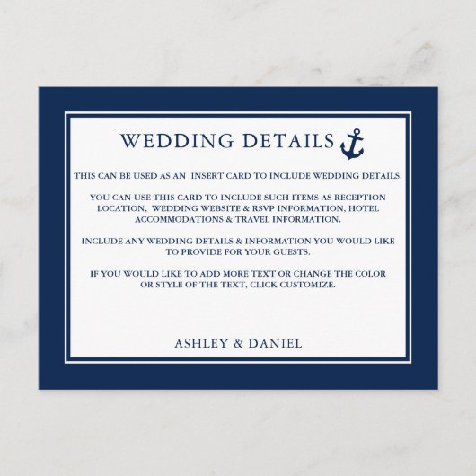 Postale Carte d'insertion de détails de mariage bleu ancre (Devant)