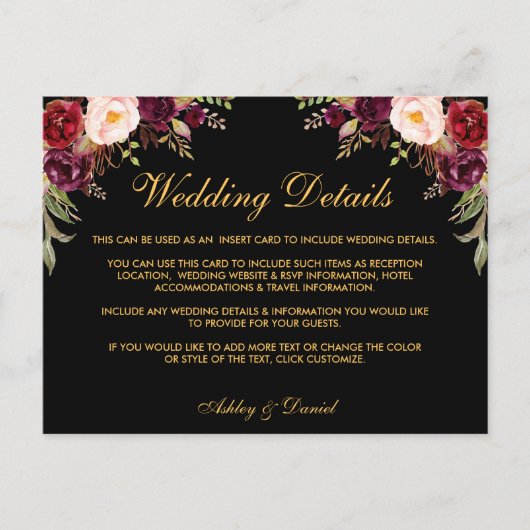 Postale Carte d'insertion de détails de mariage floral bur (Devant)
