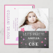Postale Carte d'invitation 1er Anniversaire rose (Devant / Derrière)