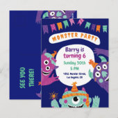 Postale Carte d'invitation Anniversaire des monstres migno (Devant / Derrière)