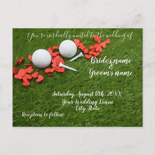 Postale Carte d'invitation de mariage de golf avec des cœu (Devant)