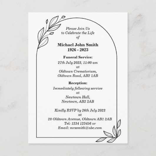 Postale Carte d'invitation funéraire minimaliste personnal (Devant)