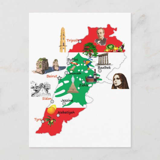 Postale Carte du Liban, noms des grandes villes libanaises (Devant)