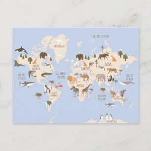 Postale Carte du monde avec des animaux