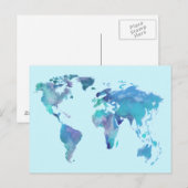 Postale Carte du monde bleu aquarelle (Devant / Derrière)