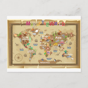 Postale Carte du monde pour les enfants - tons terre