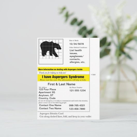 Postale Carte d'urgence Asperger (Debout devant)