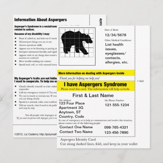 Postale Carte d'urgence Asperger (Devant / Derrière)