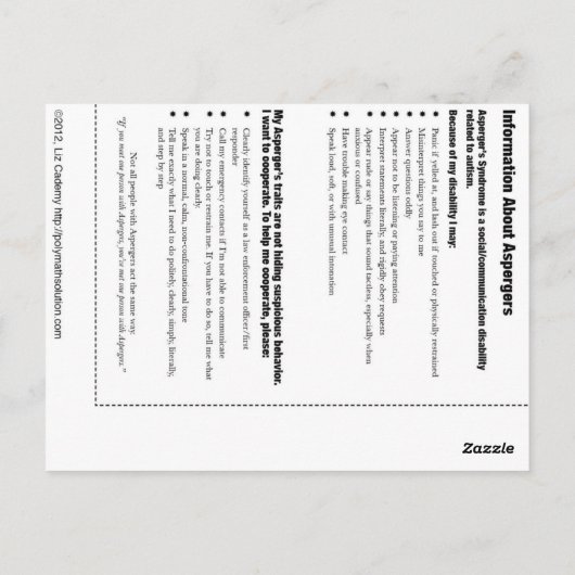 Postale Carte d'urgence Asperger (Dos)