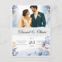 Carte Élégante Fleurs Bleues pour Annoncer la Date