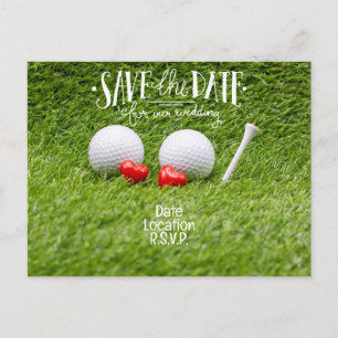 Postale Carte Faire-part de mariage de golf avec deux coeu