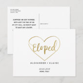 Postale Carte Faire-part de mariage Gold Heart Eloped Text (Devant / Derrière)
