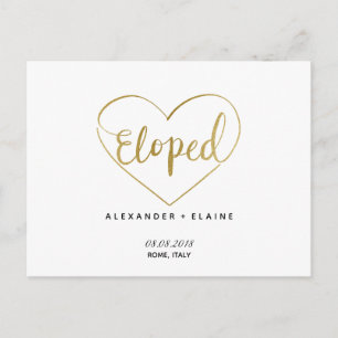 Postale Carte Faire-part de mariage Gold Heart Eloped Text