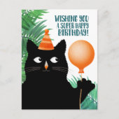 Postale Carte fête d'anniversaire avec chat noir et ballon (Devant)