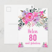 Postale Carte florale rose d'aquarelle 80e anniversaire (Devant / Derrière)