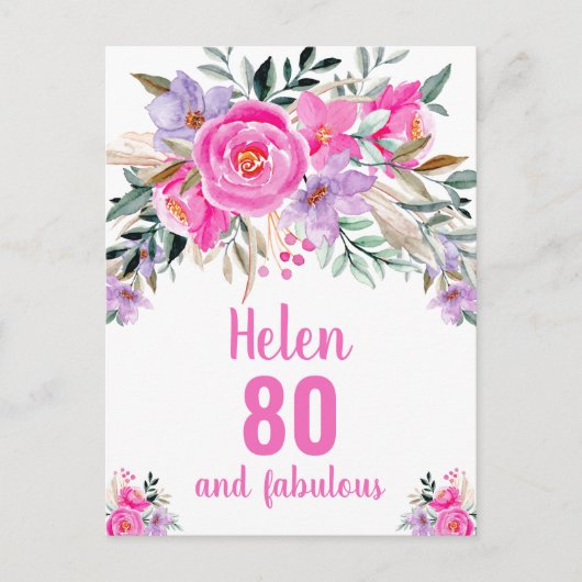 Postale Carte florale rose d'aquarelle 80e anniversaire (Devant)