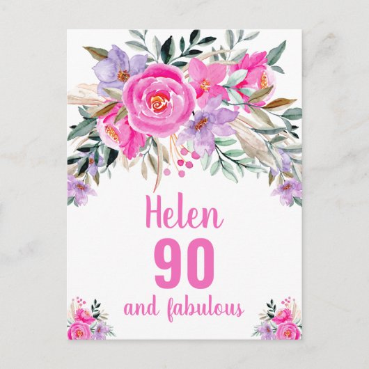 Postale Carte florale rose d'aquarelle 90e anniversaire (Devant)