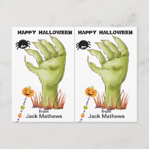 Postale Carte Halloween de fête scolaire de main de zombie