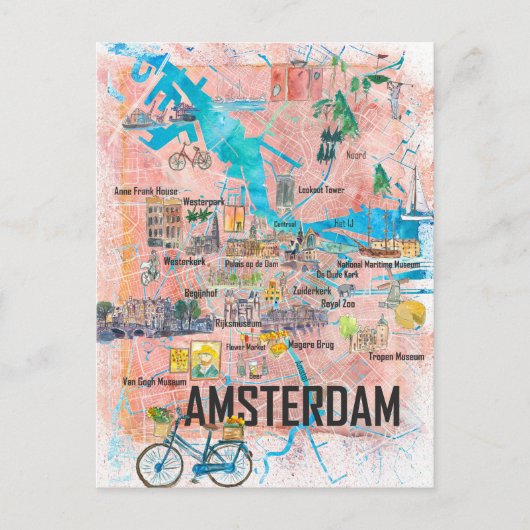 Postale Carte illustrée d'Amsterdam Pays-Bas avec routes (Devant)