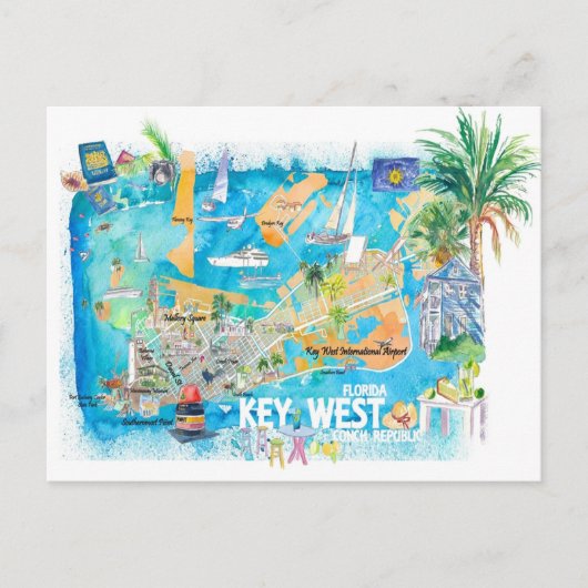 Postale Carte illustrée de Key West en Floride avec les ro (Devant)