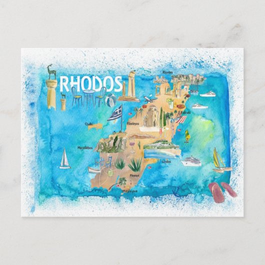 Postale Carte illustrée de Rhodes Grèce avec des monuments (Devant)