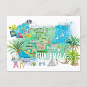 Postale Carte illustrée de voyage du Guatemala avec des ro