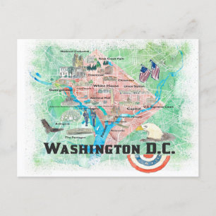 Postale Carte illustrée de Washington DC USA avec les prin