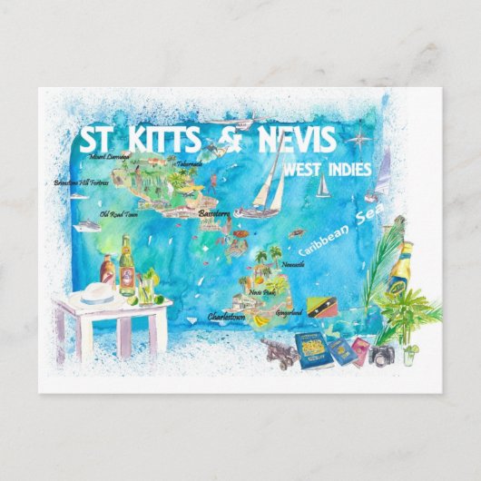 Postale Carte illustrée des Antilles de Saint-Kitts-et-Nev (Devant)