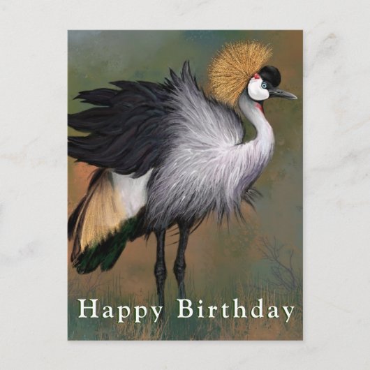 Postale Carte Joyeux Anniversaire Grue Couronnée Grise (Devant)