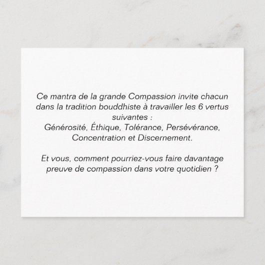 Postale Carte leçons de voyage : « Om Ma Ni Pad Me Hum » (Dos)