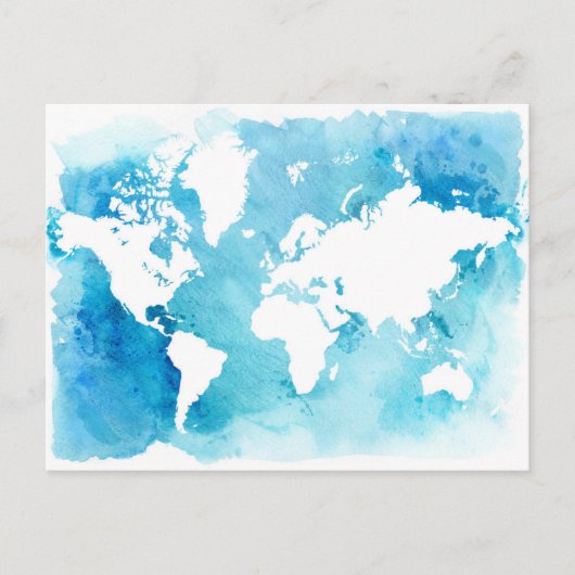 Postale Carte Mondiale En Aquarelle Blues (Devant)