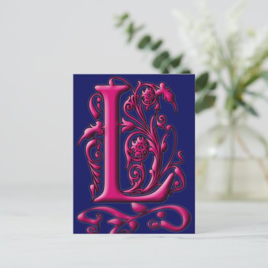 Postale Carte Monogramme initiale L Fuschia Navy (Debout devant)